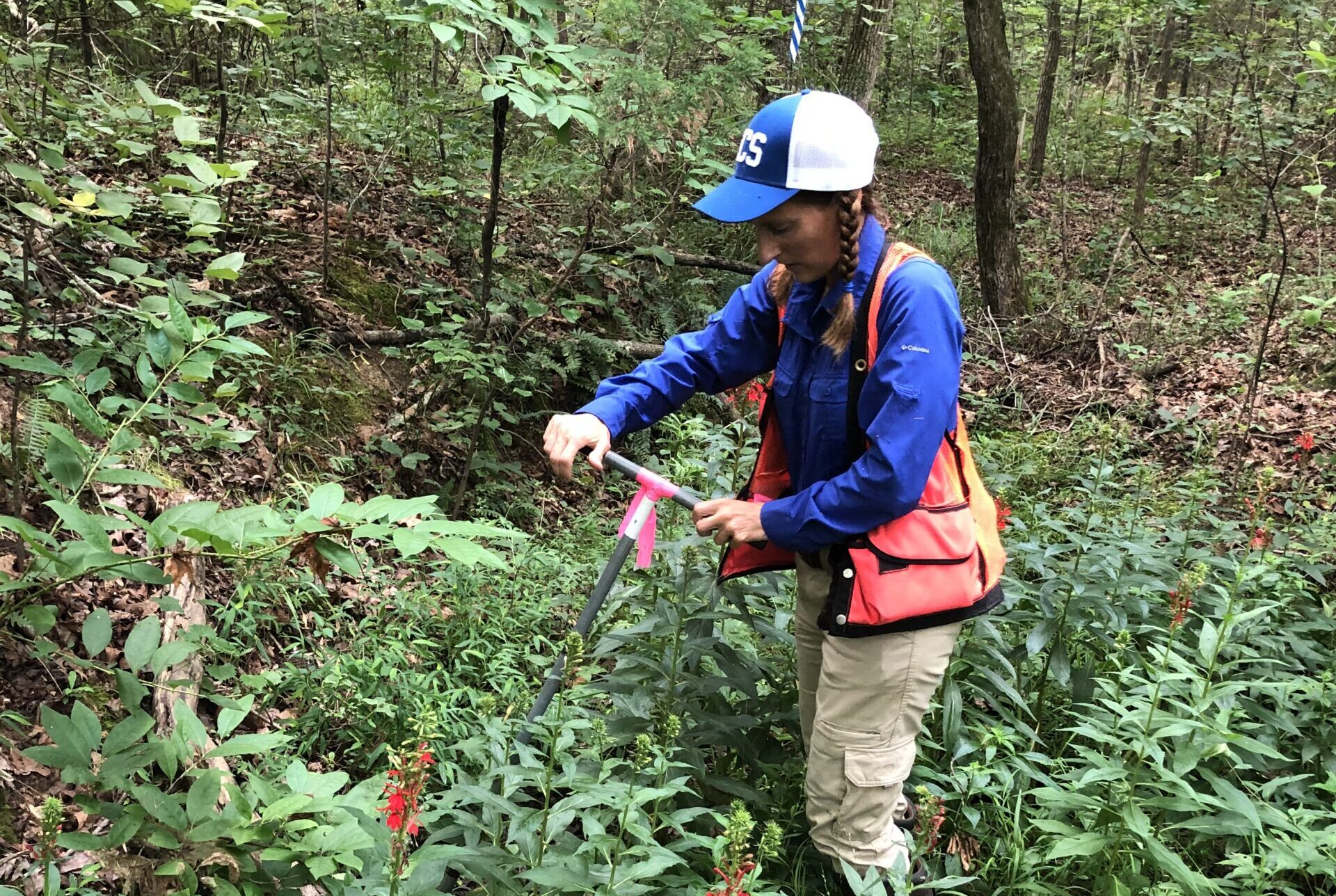 Photo of a woman in a blue hat, blue jacket, and orange vest working with a wetland assessment tool in a wooded area.