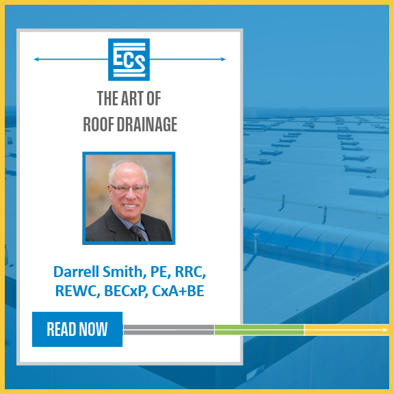 Graphic: Blue background with white floating box on top. Within the box are the ECS logo at the top followed by "The Art of Roof Drainage," a headshot of Darrell Smith, and Darrell's name and credentials before a "read more" prompt.