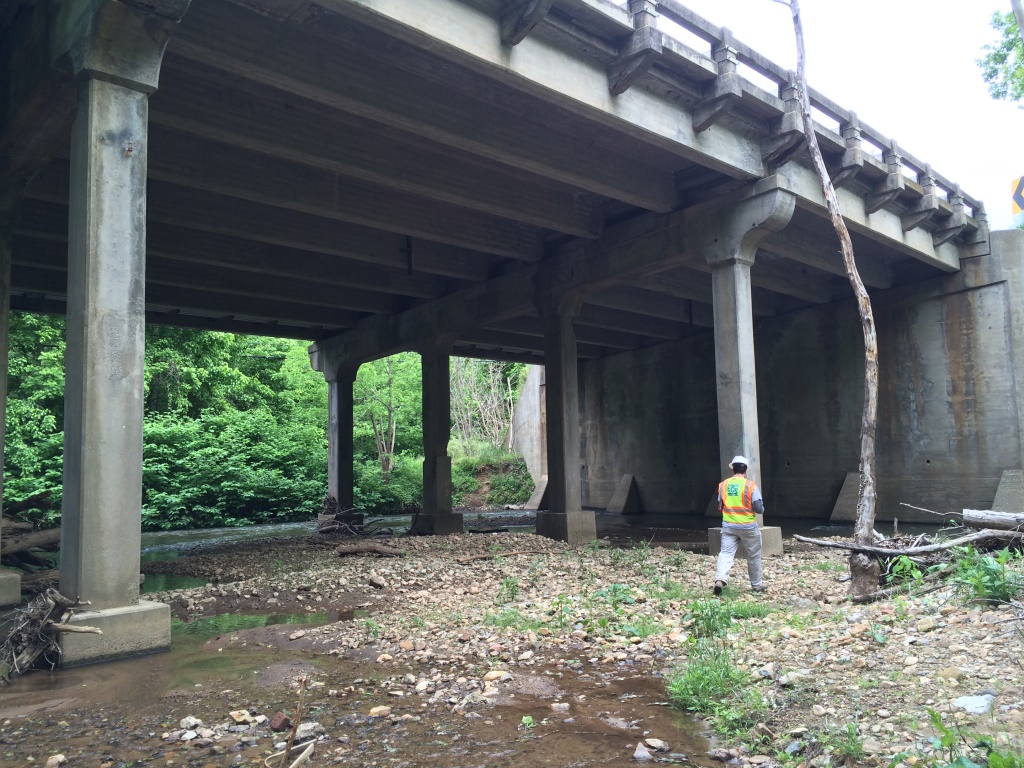 Photo of VDOT Wetlands. View of the under side of a large concrete beam bridge with rocks, gravel and standing water underneath. A man walks facing away from the camera wearing a hard hat and neon vest with the ECS logo on it.