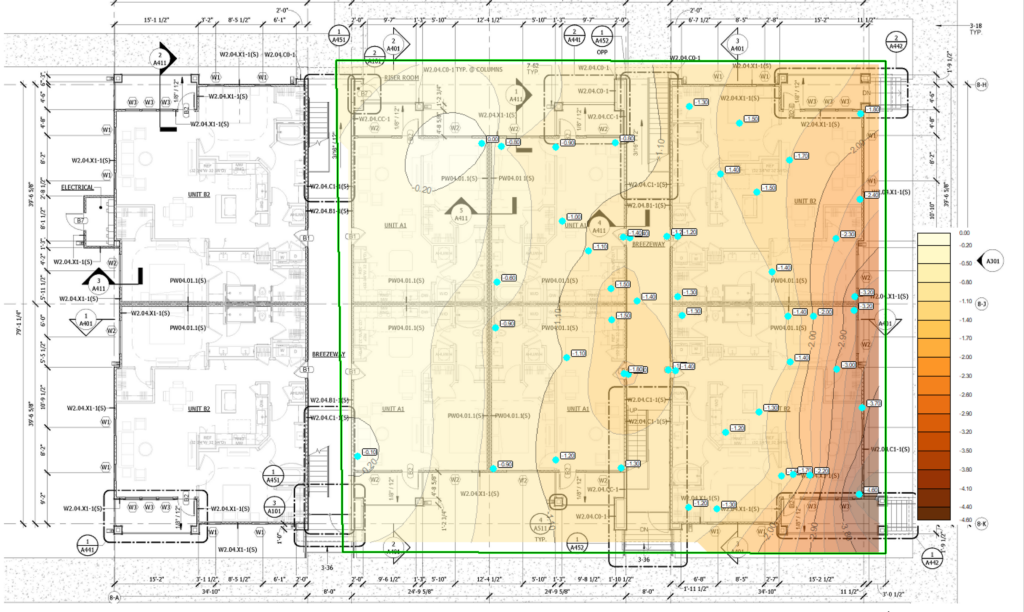 Diagram of building 8 affected by underlying sinkhole. A color coded bar shows location and severity of the affected sections of the building.